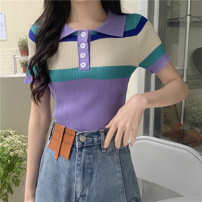 Áo thun polo dệt kim ZHELIHANGFEI tay ngắn kẻ sọc màu sắc dễ thương xinh xắn