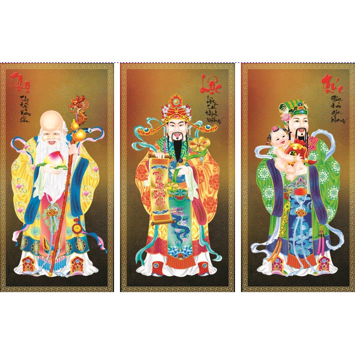 Bộ 3 tranh dán tường Phúc Lộc Thọ phủ kim sa lấp lánh