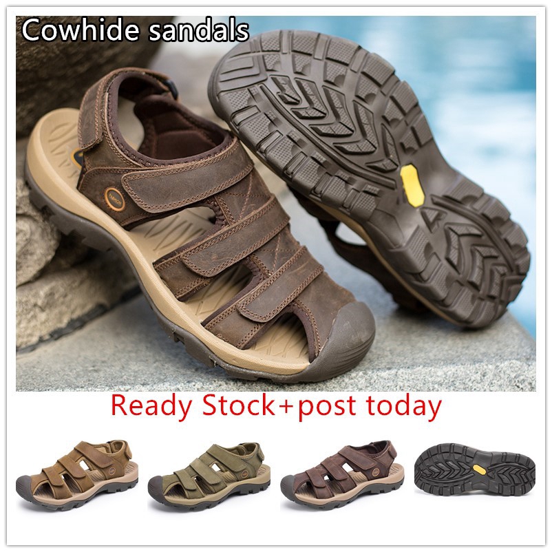 Giày Sandal đế bằng quai da chống thấm nước thời trang tiện dụng cho nam
