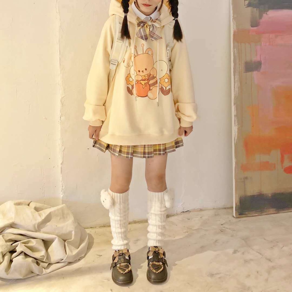 Áo Hoodie Form Rộng In Họa Tiết Gấu Dễ Thương Phong Cách Nhật Bản Cho Nữ Sinh