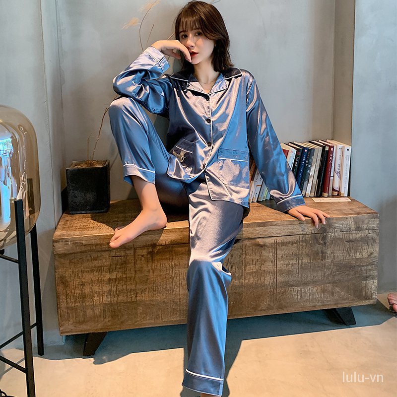 Set Pijama Áo Dài Tay + Quần Dài Chất Phi Bóng Cho Phái Nữ