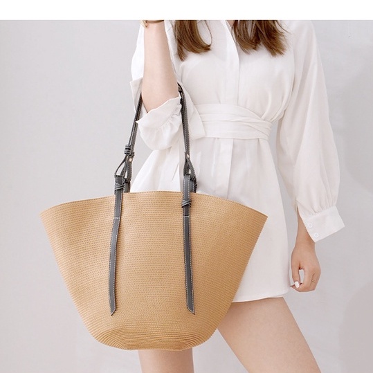 Túi cói ToTe cao cấp sang mịn- dây da đen - mẫu mới ( New Arrival)
