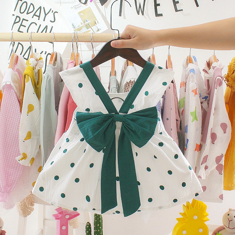 Váy đầm cột nơ xinh xắn tay bèo chấm bi dễ thương cho bé từ sơ sinh đến 12kg V36