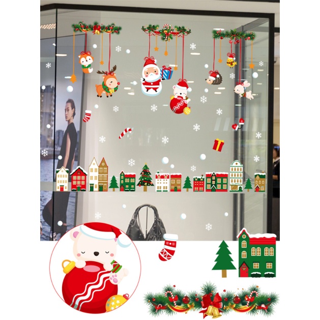 Decal dán tường Noel Hít Tĩnh Điện không Dơ Kính - Thành phố xinh xắn đêm giáng sinh phối rèm