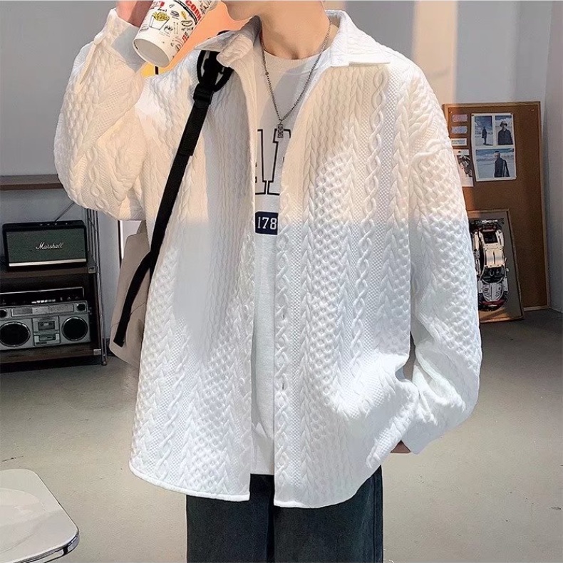 Áo sơ mi nam áo sơ mi nam nữ vải jacquard đơn giản phong cách Hàn Quốc áo sơ mi unisex đơn màu trơn thời trang áo sơ mi cặp đôi giản dị ve áo