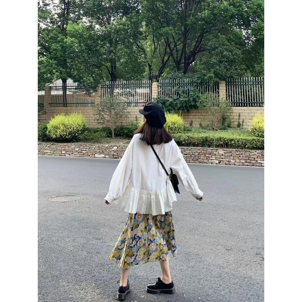 Áo Sơ Mi Dáng Rộng Dài Tay / Chân Váy Hoa Xếp Ly Thời Trang Sành Điệu 610