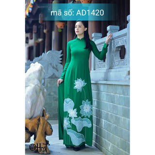 Set Áo Dài Truyền Thống xanh họa tiết hoa sen kem quần