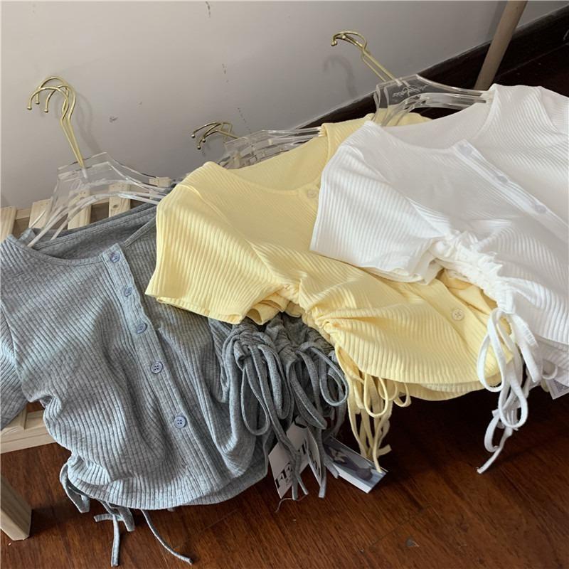 [Babycat] Hàng Có Sẵn Áo Thun Cardigan Tay Ngắn Phối Dây Rút Xếp Ly Phong Cách Hàn Quốc Nhật Bản Cho Nữ