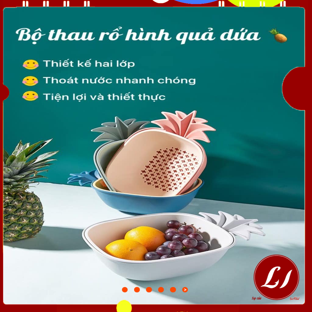 Bộ Rổ Kèm Thau Đựng Rau Trái Cây Hình Trái Dứa Độc Đáo Đáng Yêu (32.8 x 22.3 x10cm - Bộ Gồm 1 Rổ 1 Thau Theo Màu)