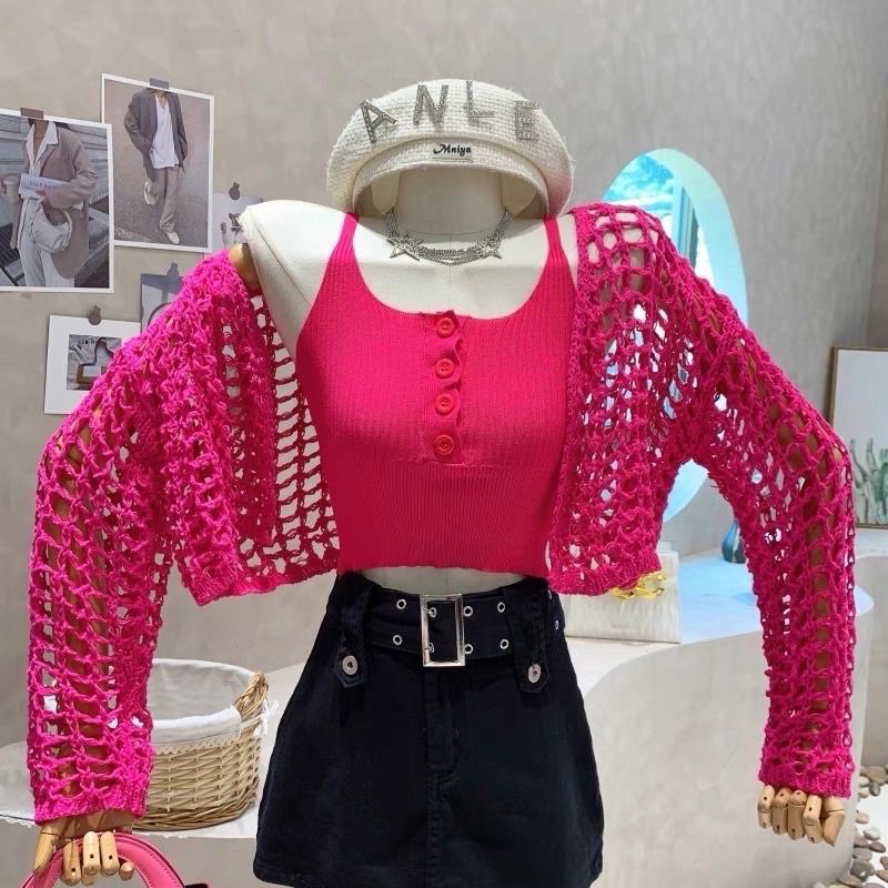 Quảng Châu-set áo len dệt kim lưới mix áo ba lỗ khuy