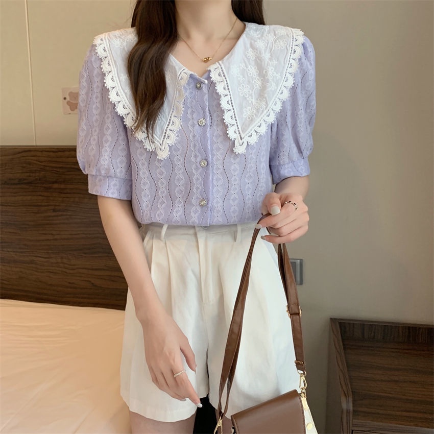 Áo Sơ Mi Trắng Tay Ngắn Cổ Búp Bê Phong Cách Hàn Quốc Ngọt Ngào Thời Trang Mùa