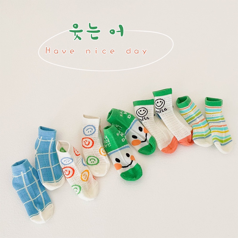 Set 5 đôi vớ KokoroCare MSW-06 cotton mỏng thoáng khí in hình mặt cười nhiều màu S/M/L cho bé trai 1-12 tuổi