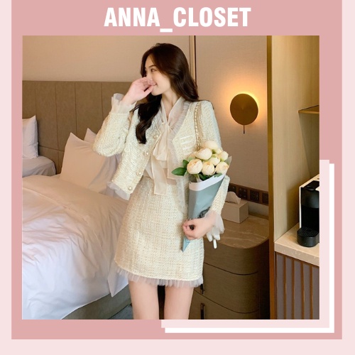 Set Dạ Tweed Hai Món Phối Ren Màu Kem Pastel Phong Cách Sang Chảnh Có Ảnh Thật_ Hàng QCCC