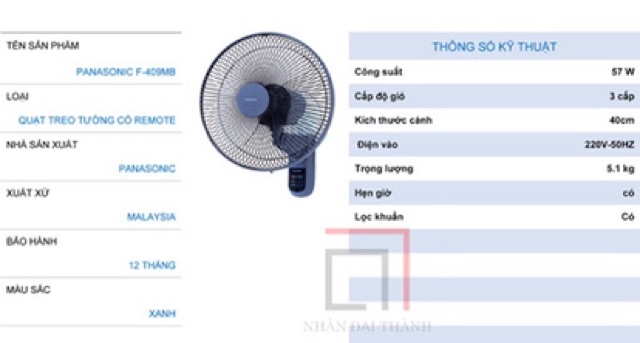 Quạt treo tường Panasonic F-409M Nhập khẩu Malaysia chính hãng