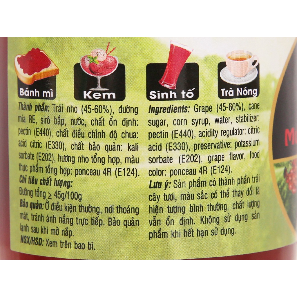 Mứt Nho Grape Preserves GOLDEN FARM 210G - Dùng ăn kèm kem, sinh tố, bánh mì, sandwich, trà nóng