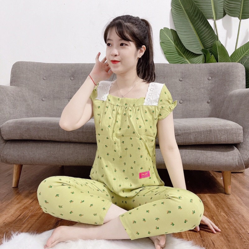 Bộ mặc nhà, bộ đồ nữ áo cộc quần dài chất đũi lạnh mềm mát, thấm hút tốt