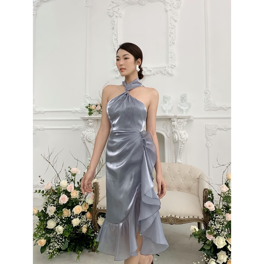 MOLLYNISTA- Đầm Killy xám yếm cột dây bèo lệch hông