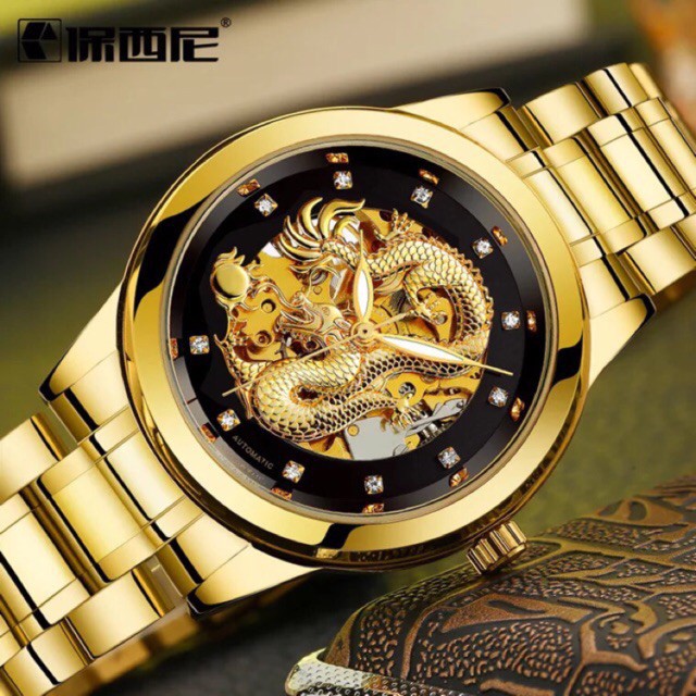 Đồng Hồ Cơ Nam nhãn hiệu MOHDNE Automatic Chạm Rồng 3D Lộ Máy Mạ Vàng Kim Loại Chống Nước Chống Xước