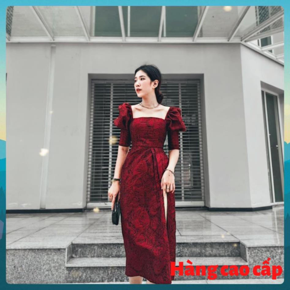 (Hàng cao cấp) Đầm gấm body xẻ tà tay dài - Minie dress
