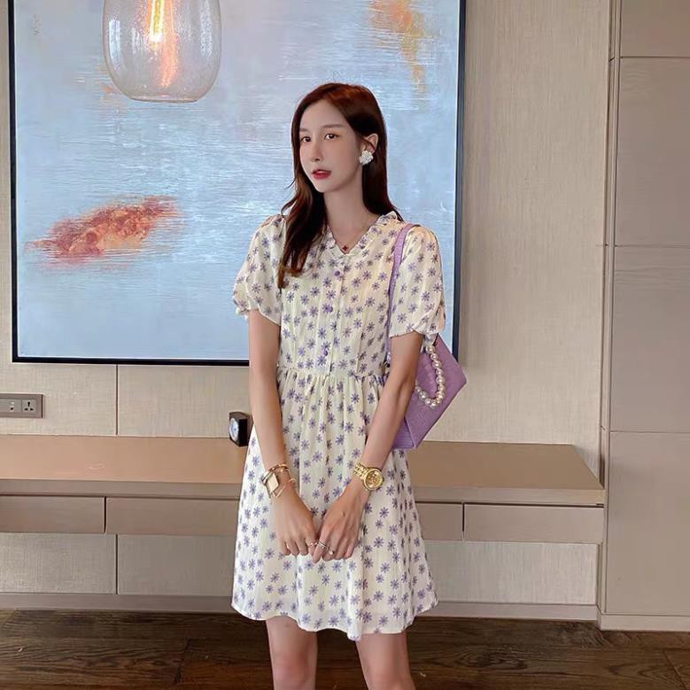 [Quà tặng là gói xả vải tặng kèm nha] Đầm nữ 👗FREESHIP👗 Váy babydoll vintage cúc ngực hoa tím nền trắng dễ thương | BigBuy360 - bigbuy360.vn