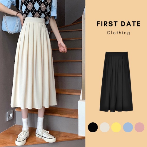 Chân váy dài chữ A xếp li FIRST DATE chân váy chữ A thiết kế midi cạp cao nhẹ nhàng