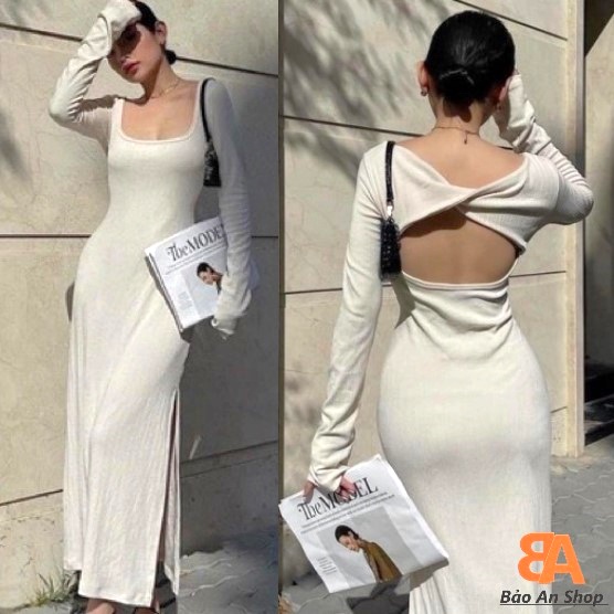 Đầm ôm body nữ phối xẻ đùi tay dài chất vải thun gân(1m15)