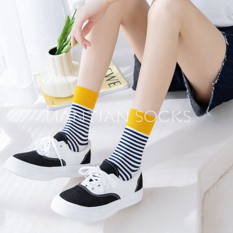 TIANTIAN T226 Vớ Cotton Dày Cổ Cao Họa Tiết Kẻ Sọc Phong Cách Thể Thao Đường Phố Hàn Quốc Thời Trang Cho Nữ