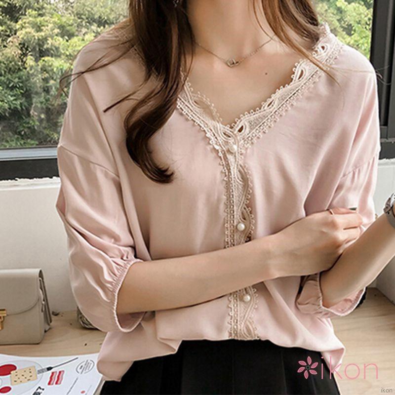 Áo cổ tim tay lửng bằng cotton pha trơn màu xinh xắn dành cho nữ