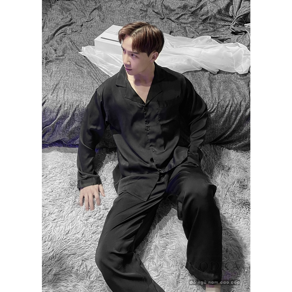 Đồ ngủ pijama nam lụa trơn đen huyền bí mặc nhà nam giới sang chảnh và thoải mái T14