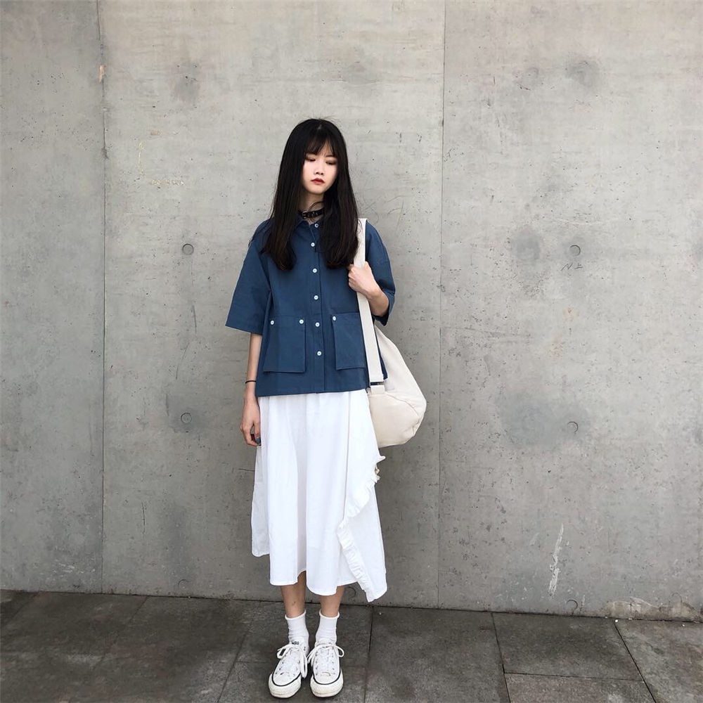 Áo Sơ Mi Ngắn Tay Màu Trơn Thời Trang Nữ Tính
