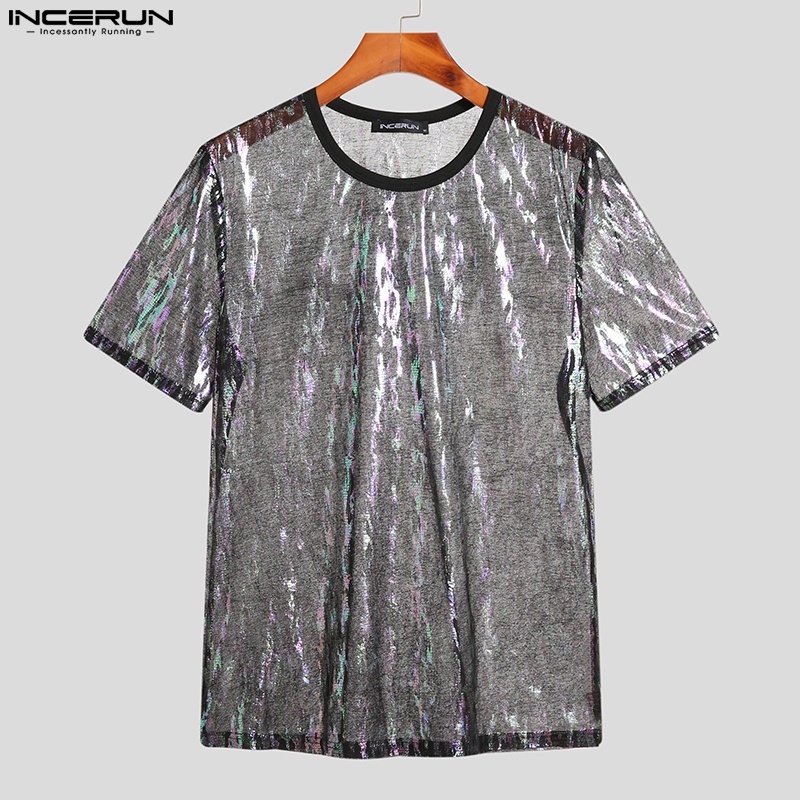 Incerun Áo Thun Lưới Cổ Thuyền Tay Ngắn Khoét Sọc Dọc Sáng Bóng Cho Nam