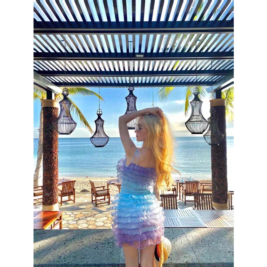 Váy Lưới Tầng Màu Gradient Nhạt Thiết Kế Hai Dây Màu Tím Nhạt Phong Cách Mới Mùa Hè Cho Nữ