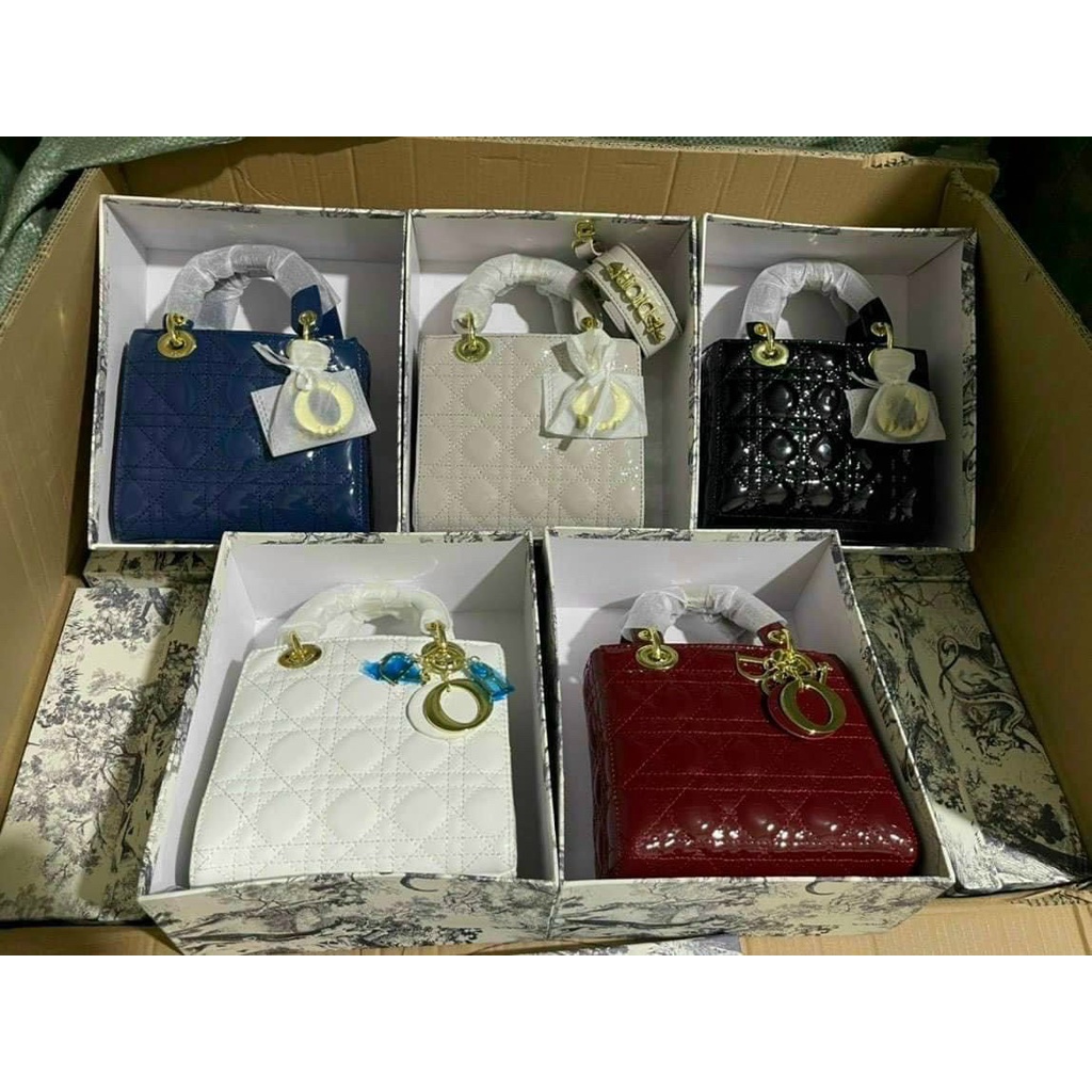 Túi Dior fullbox, túi vải hãng bản da bóng tag vàng size 20