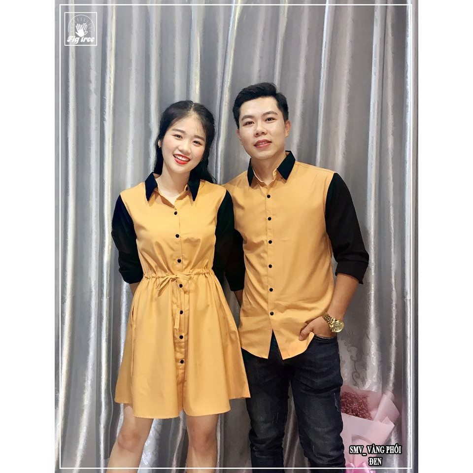 Set Sơ Mi Váy Gia Đình FIGTREE Vàng Phối Đen Nhã Nhặn
