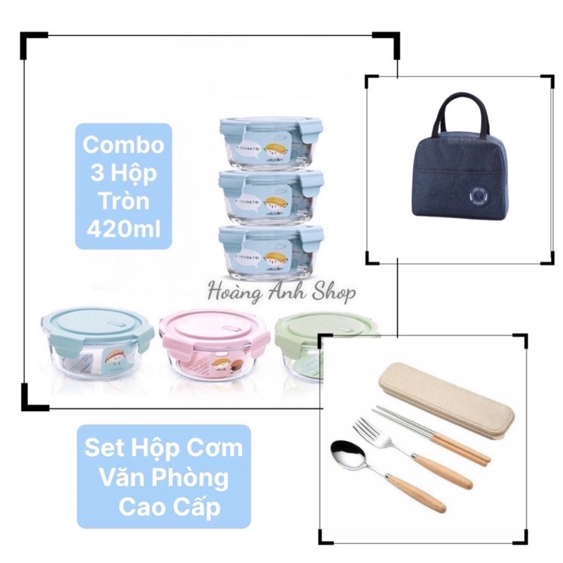 Set Hộp Thuỷ Tinh Đựng Cơm Cao Cấp - Combo 3 Hộp Tròn 420ml + Túi Giữ Nhiệt + Bộ Muỗng Đũa Nĩa Cán Gỗ Có Hộp Đựng