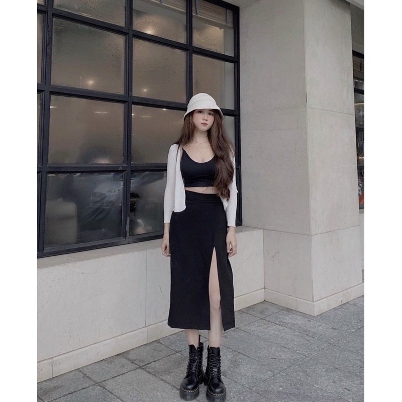Chân váy bút chì lưng cao dài dưới gối kiểu xẻ một bên màu đen NPCV002