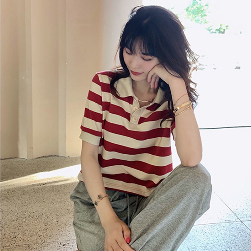 Women's Fashion Horizontal Stripe Short Sleeve polo shirt