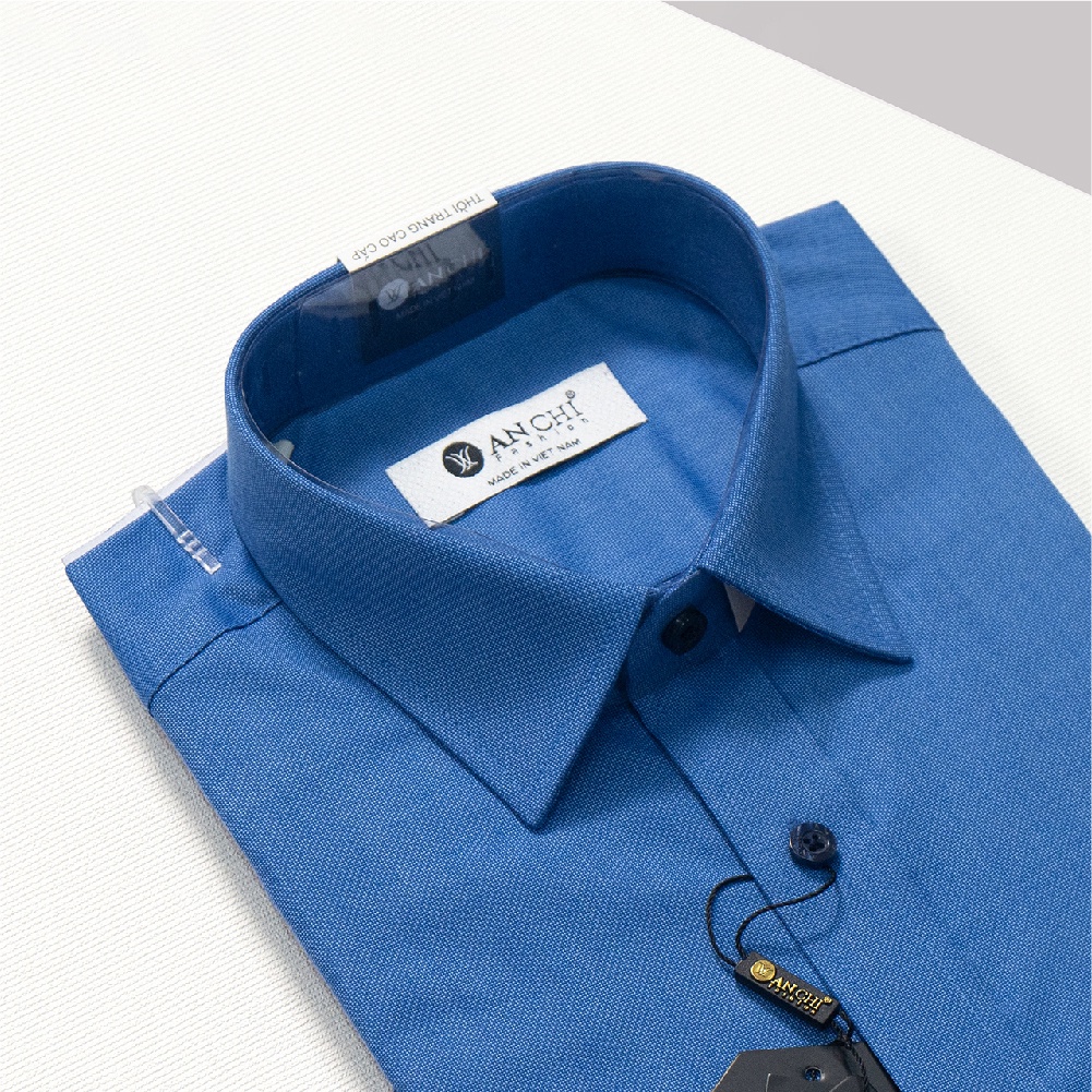 Áo Sơ Mi Nam Ngắn Tay Trung Niên ANCHI Màu Xanh Biển Trơn Vải Sợi Tre Cao Cấp