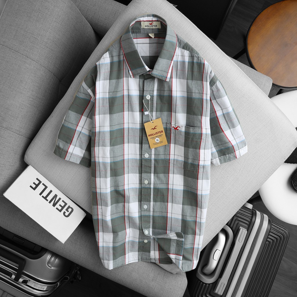 Áo sơ mi nam caro ngắn tay vạt ngang Hollister màu XÁM cao cấp - Chuẩn Soái Ca