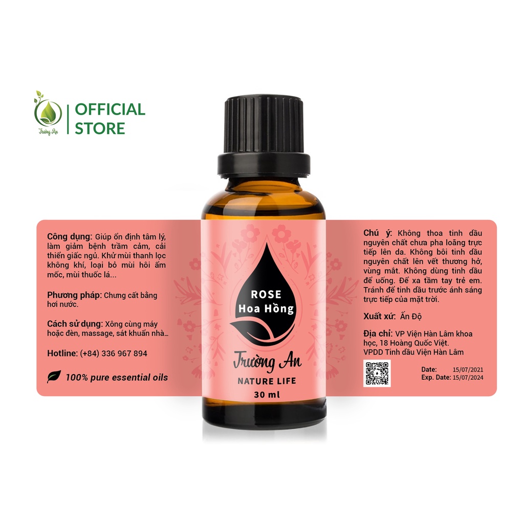 Tinh dầu Hoa Hồng Rose Trường An Essential Oil, xuất sứ thiên nhiên không pha tạp chất, có giấy kiểm định COA