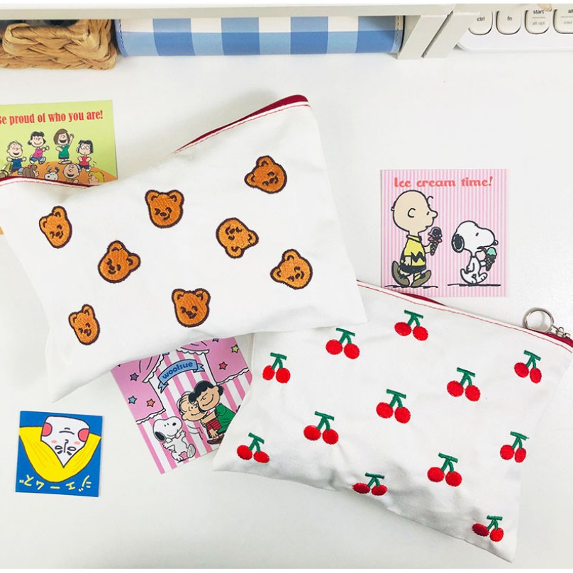Túi canvas đựng đồ trang điểm thêu hình cherry dễ thương