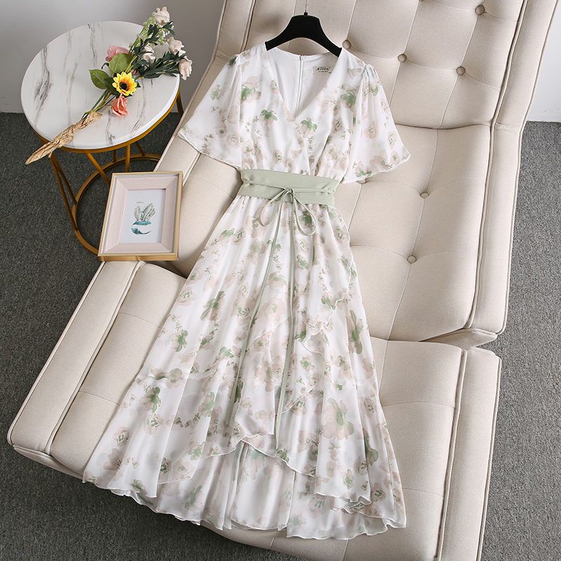 (Order) Váy hoa cổ V vạt chéo thắt nơ èo hoạ tiết nhẹ nhàng