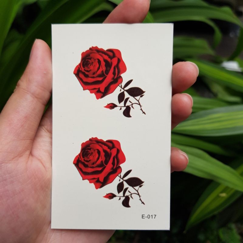 Hình xăm hoa hồng đỏ e17. Xăm dán tatoo mini tạm thời, size &lt;10x6cm