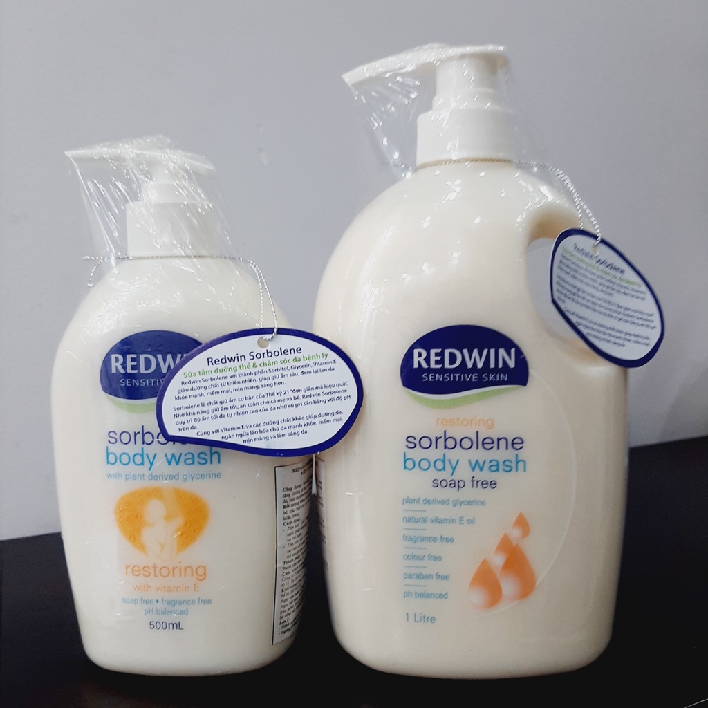 [TEM CTY] REDWIN Sensitive Skin Sorbolene Body Wash With Vitamin E 500mL &amp; 1 L - Sữa Tắm Dưỡng Ẩm Và Phục Hồi Làn Da.