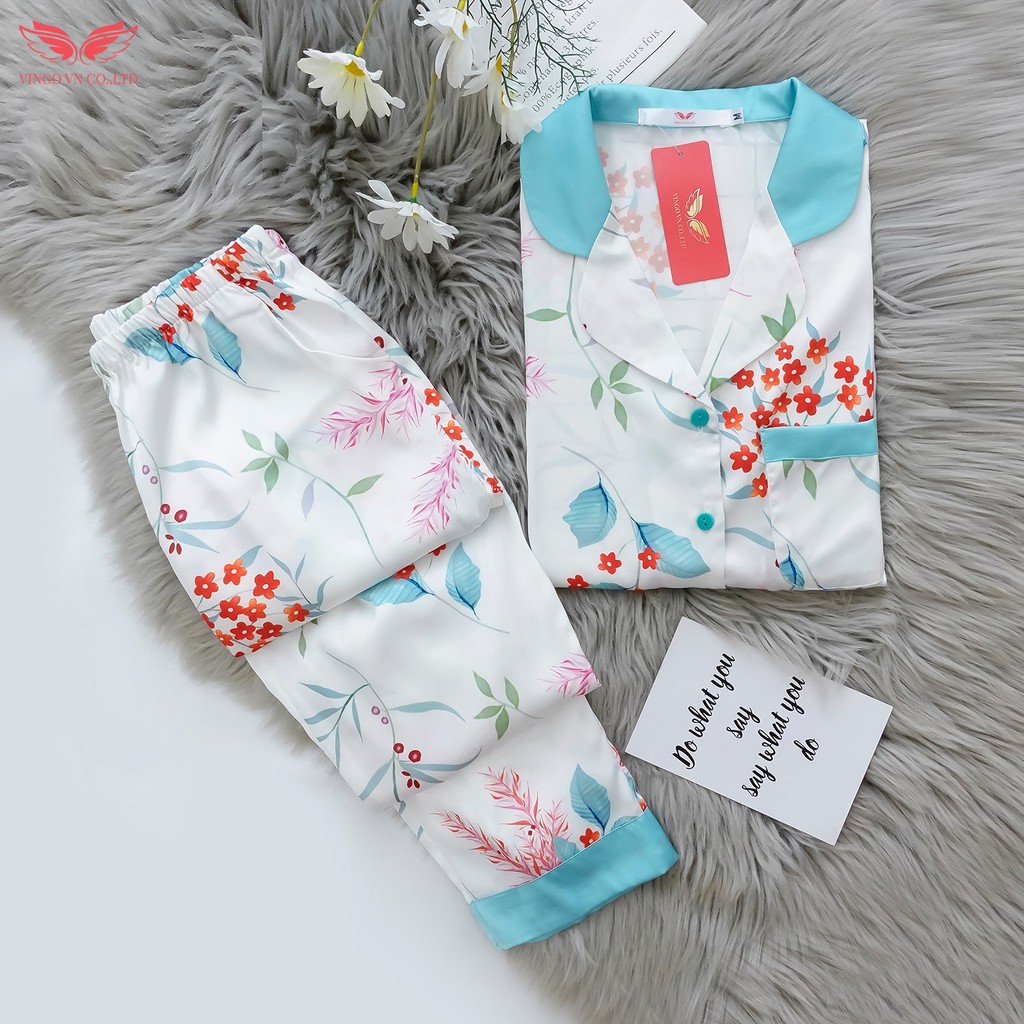 Đồ Bộ Ngủ Nữ Pijama Mặc Nhà VINGO Lụa Pháp Cao Cấp Tay Cộc Quần Dài Họa Tiết Hoa Phối Xanh Thanh Lịch H487 VNGO