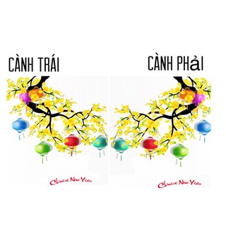 Decal trang trí Tết - Cành mai vàng lồng đèn kèm chữ (trái - phải) (nền trắng)