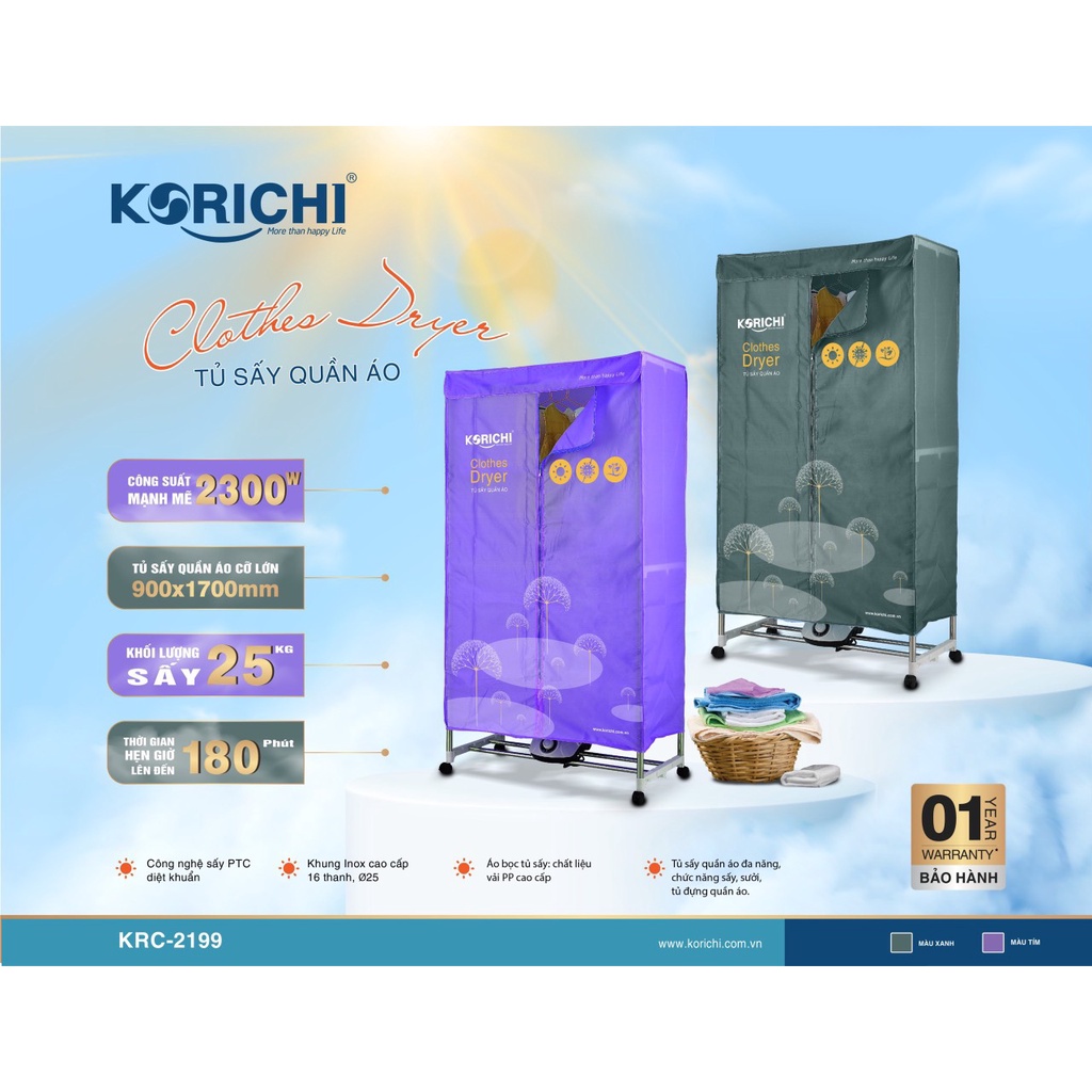 Tủ sấy quần áo Korichi KRC -2199, công suất 2300w sấy siêu nhanh, sử dụng công nghệ sấy PTC. Mẫu mới nhất 2022
