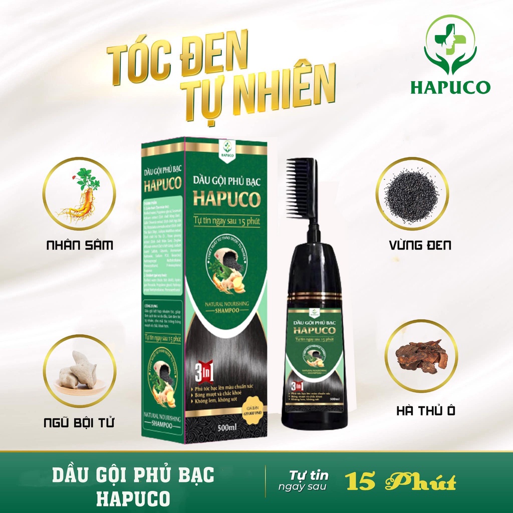 Dầu gội phủ bạc Pucoliza chai 500ml, Dầu gội nhuộm tóc HAPUCO thảo dược thiên nhiên, 3 màu Đen, Nâu Đen, Nâu hạt dẻ