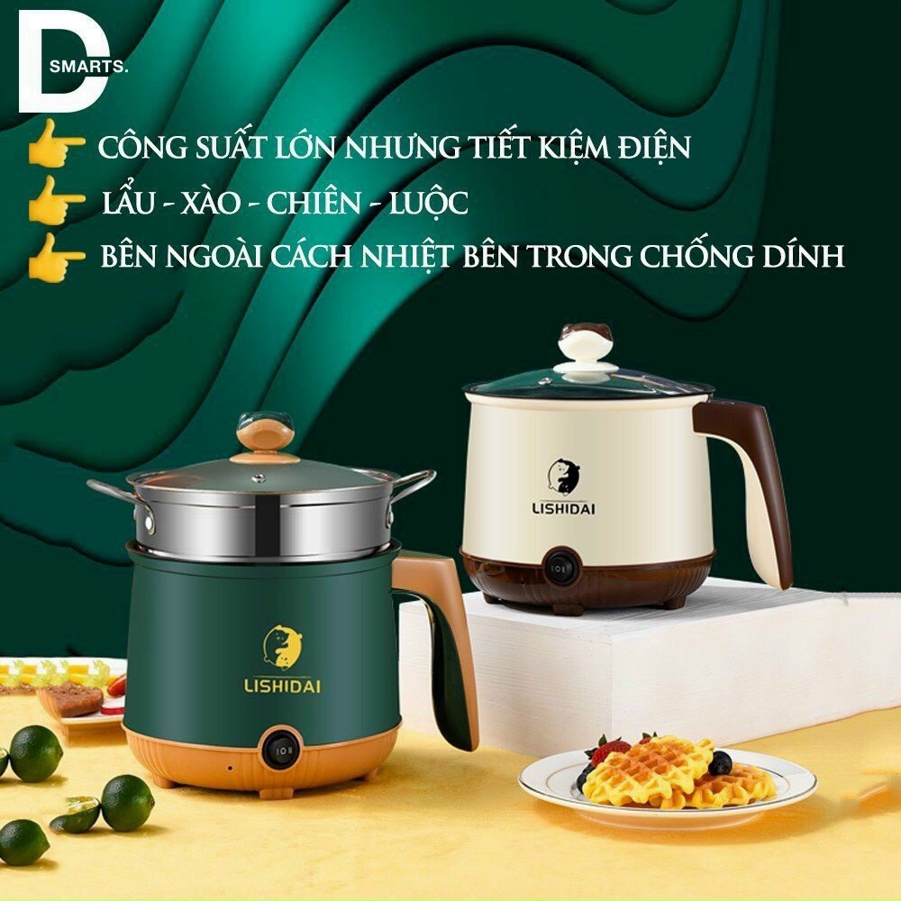 Nồi Điện Mini 2 Tầng Đa Năng Tặng Kèm Giá Hấp - Nồi Lẩu Mini Lishidai Vân Đá Chống Dính, Ca Nấu Mì 3 Lớp Cách Nhiệt