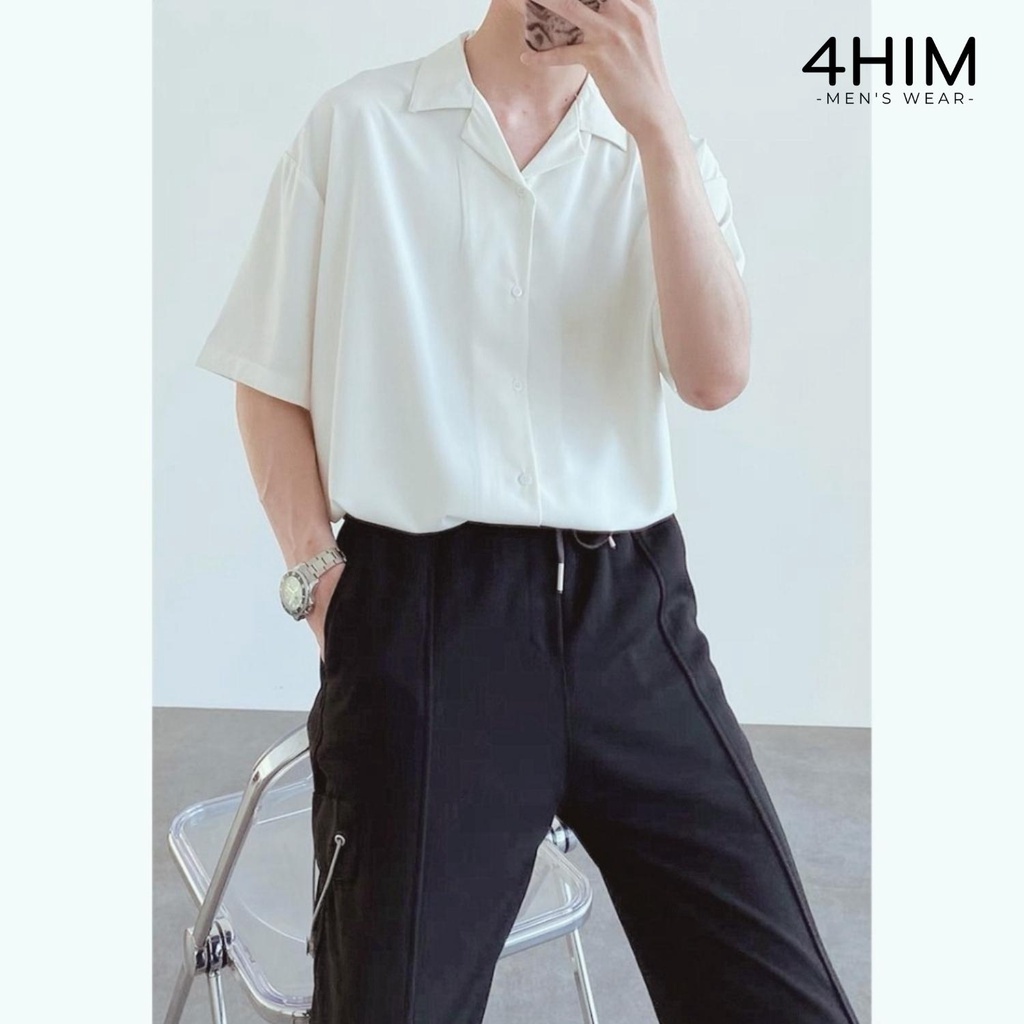 ÁO SƠ MI TRẮNG ĐEN CỔ VEST NGẮN TAY FORM RỘNG 4Him sơ mi cổ vest unisex tay lỡ, chất vải lụa mịn mềm mại